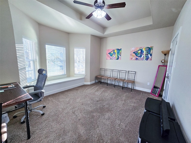 carpeted home office featuring a tray ceiling and ceiling fan