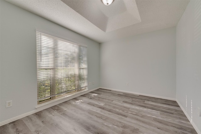 unfurnished room with a textured ceiling, light hardwood / wood-style floors, and a raised ceiling