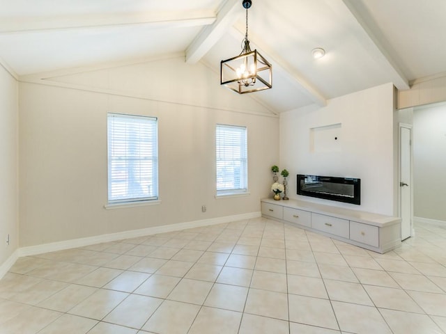 unfurnished living room featuring vaulted ceiling with beams, a notable chandelier, and light tile patterned flooring