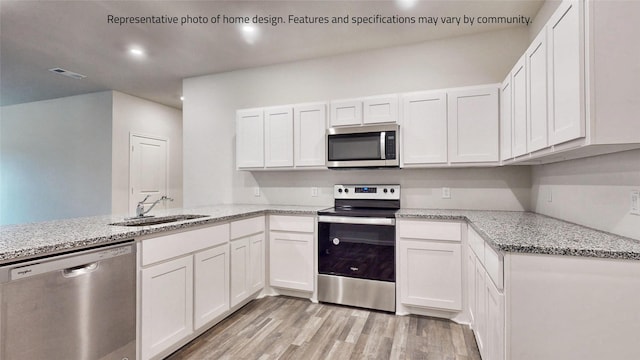 kitchen featuring kitchen peninsula, sink, white cabinets, and stainless steel appliances