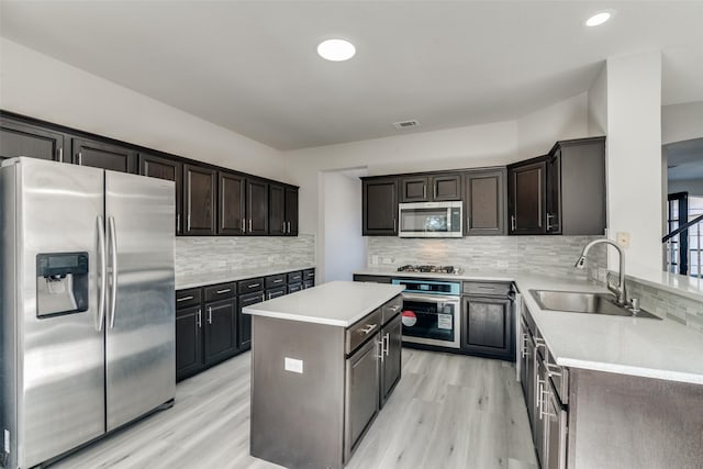 kitchen featuring sink, a center island, stainless steel appliances, backsplash, and light wood-type flooring