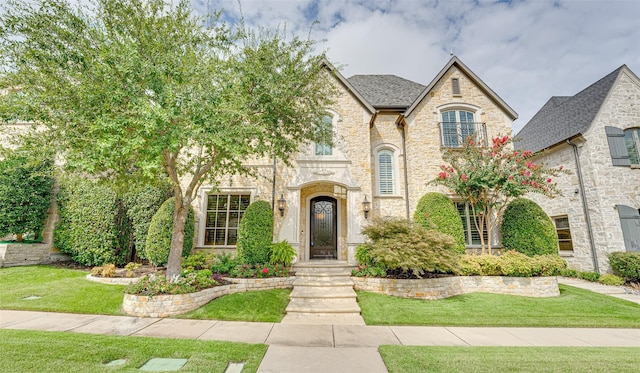 french country inspired facade with a front lawn