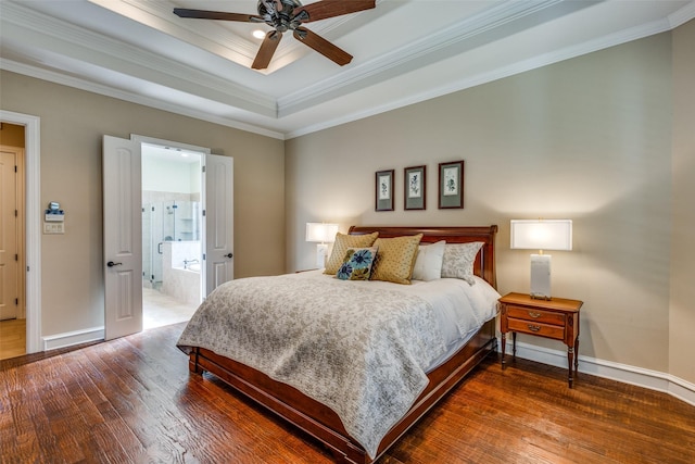 bedroom with connected bathroom, ceiling fan, and ornamental molding