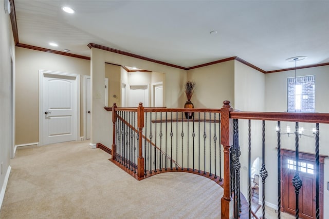 corridor featuring crown molding and light colored carpet