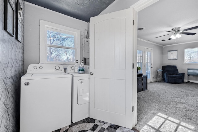 laundry area featuring light carpet, plenty of natural light, washer and clothes dryer, and ceiling fan