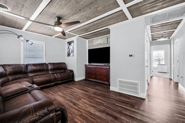 living room with dark wood-type flooring, wooden ceiling, and ceiling fan