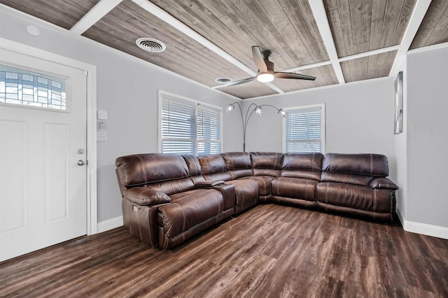 living room with ceiling fan, wooden ceiling, and dark hardwood / wood-style floors