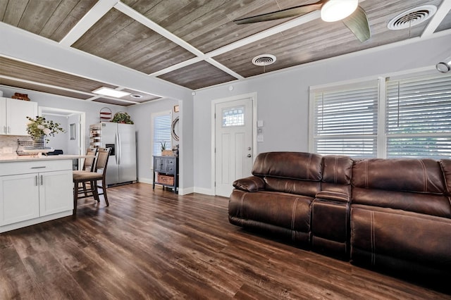 living room featuring dark hardwood / wood-style floors, ceiling fan, a healthy amount of sunlight, and wood ceiling