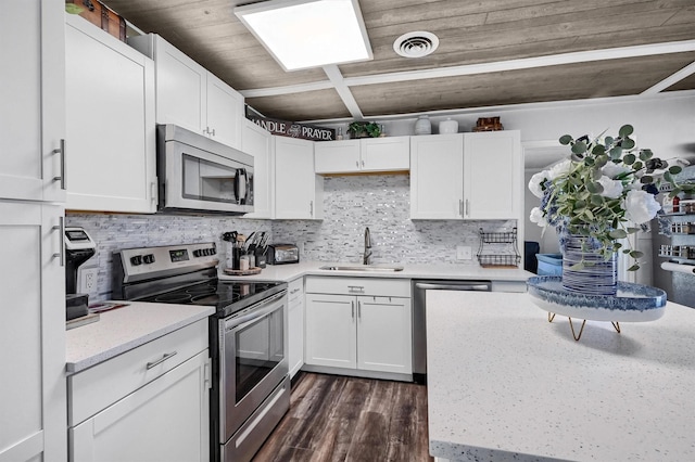 kitchen with decorative backsplash, appliances with stainless steel finishes, dark wood-type flooring, sink, and white cabinets