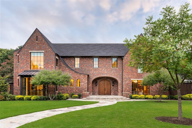 view of front of property featuring brick siding, a front yard, and a shingled roof