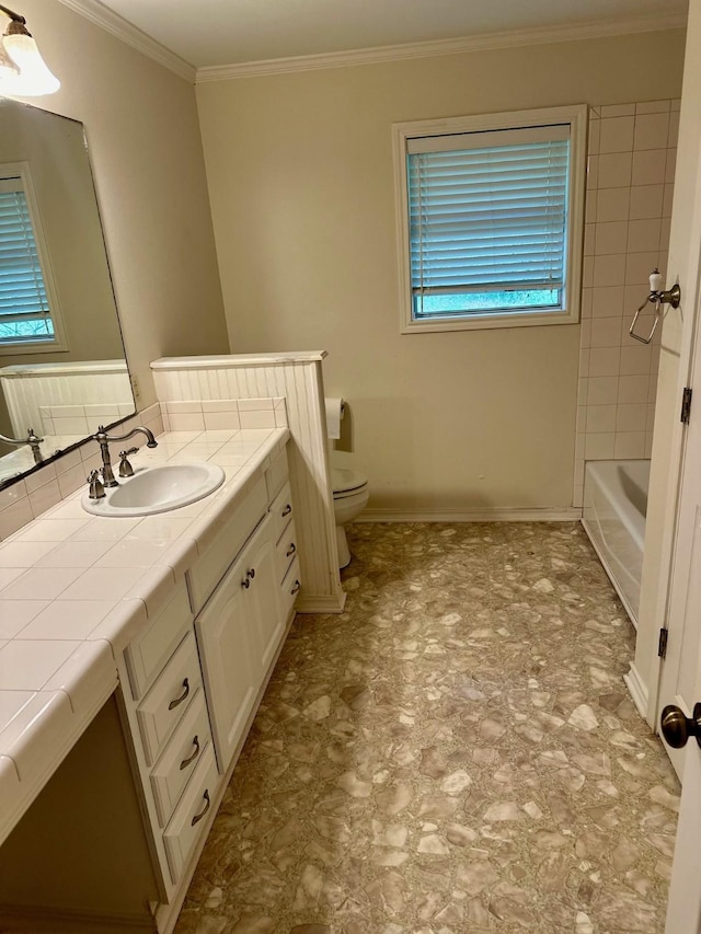 bathroom featuring crown molding, vanity, and toilet