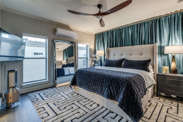 bedroom featuring a wall mounted AC, ceiling fan, light hardwood / wood-style flooring, and ornamental molding