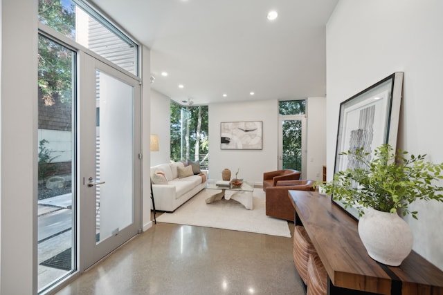 living room with a wall of windows