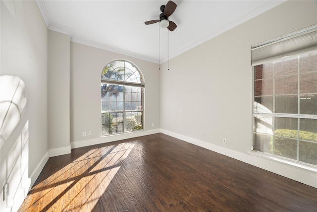 spare room featuring ceiling fan, dark wood-type flooring, and ornamental molding