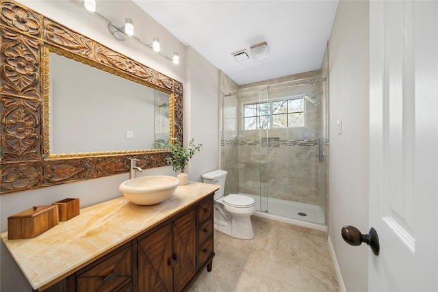 bathroom with walk in shower, vanity, and toilet