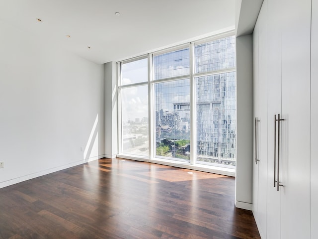 empty room with dark hardwood / wood-style floors, floor to ceiling windows, and a healthy amount of sunlight