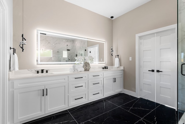 bathroom featuring vanity and walk in shower