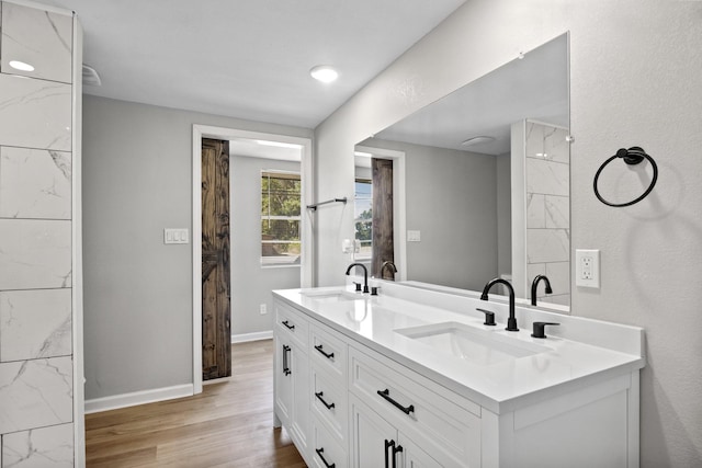 bathroom with hardwood / wood-style floors and vanity