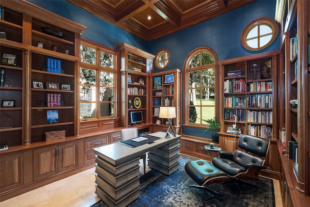 office featuring coffered ceiling, beamed ceiling, and ornamental molding