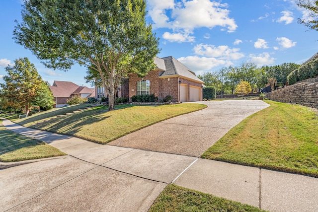 view of front of house with an attached garage, brick siding, concrete driveway, roof with shingles, and a front lawn