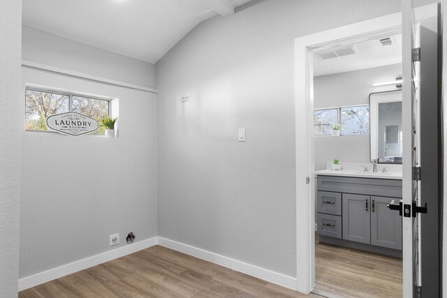 washroom with plenty of natural light, light hardwood / wood-style floors, and sink