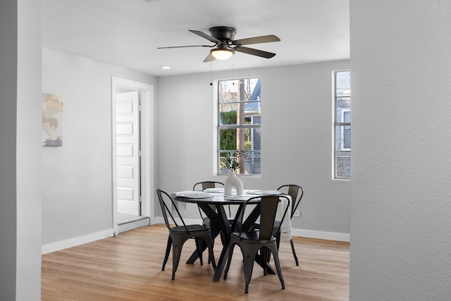 dining room featuring light hardwood / wood-style flooring and ceiling fan