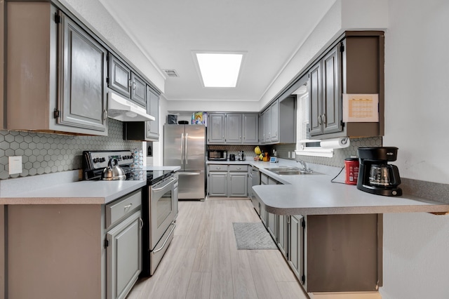 kitchen featuring sink, kitchen peninsula, gray cabinets, decorative backsplash, and appliances with stainless steel finishes