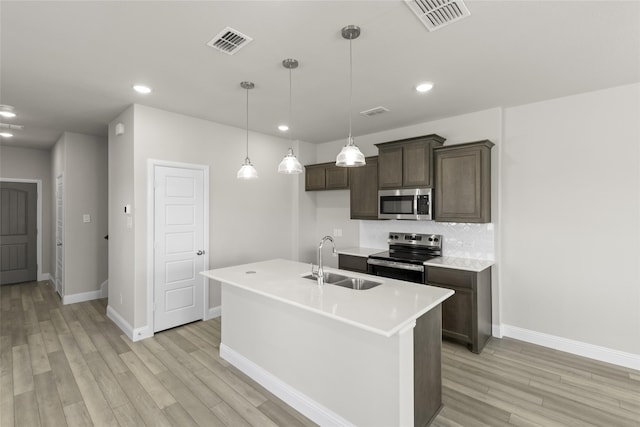 kitchen featuring light hardwood / wood-style flooring, decorative light fixtures, stainless steel appliances, a center island with sink, and sink