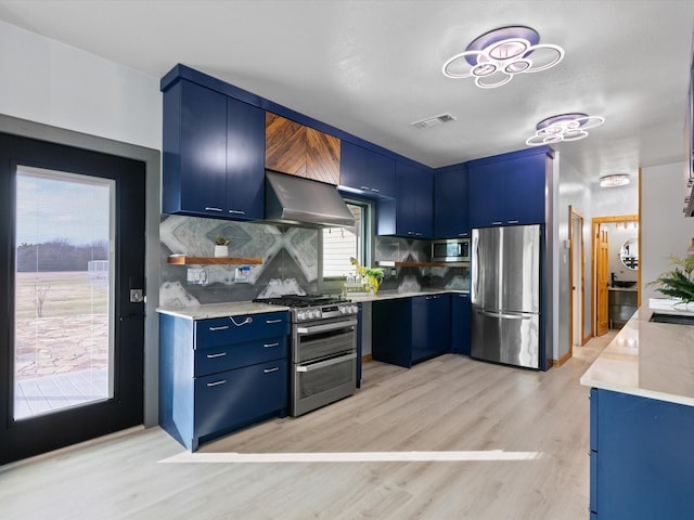 kitchen with blue cabinetry, stainless steel appliances, light countertops, visible vents, and ventilation hood