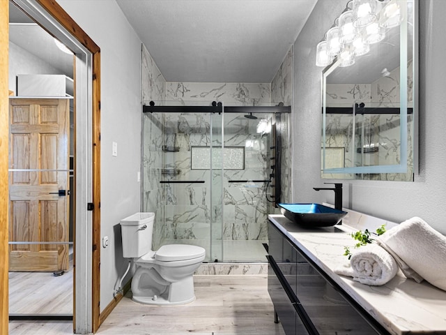 bathroom featuring a marble finish shower, vanity, toilet, and wood finished floors