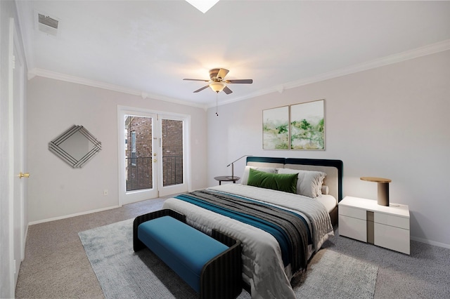 bedroom with access to exterior, carpet, ceiling fan, and crown molding