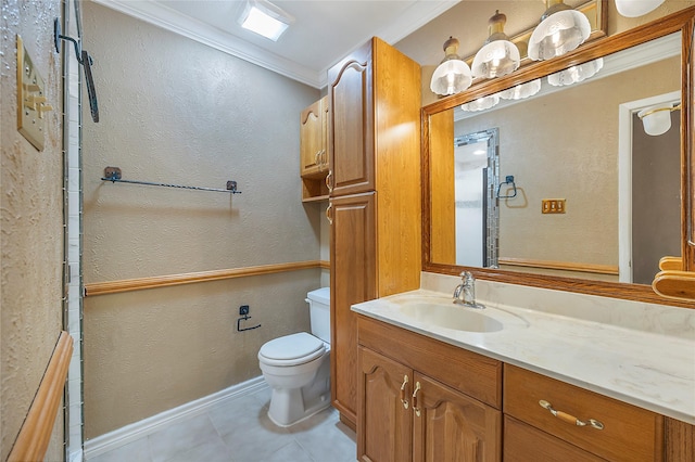 bathroom with crown molding, tile patterned flooring, vanity, and toilet