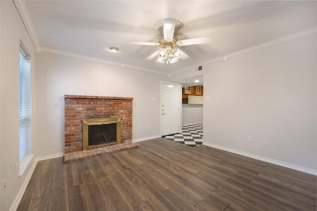 unfurnished living room featuring a fireplace, dark hardwood / wood-style flooring, ceiling fan, and ornamental molding