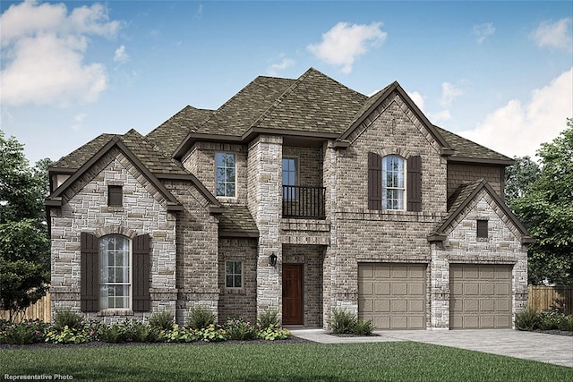 french country style house with brick siding, driveway, a front lawn, and a garage