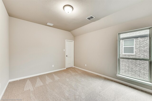 carpeted empty room with lofted ceiling and a textured ceiling