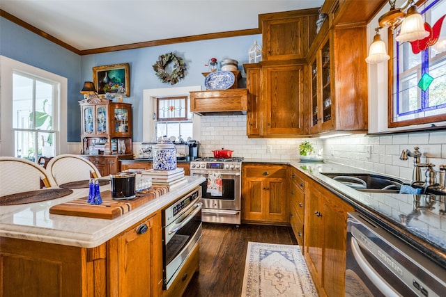 kitchen featuring decorative backsplash, dark hardwood / wood-style flooring, stainless steel appliances, and sink