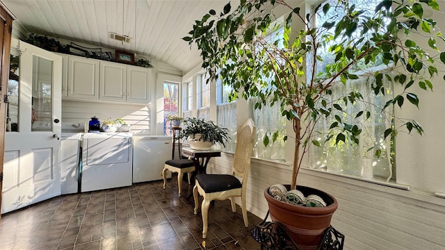 laundry area with cabinets, independent washer and dryer, and wood ceiling