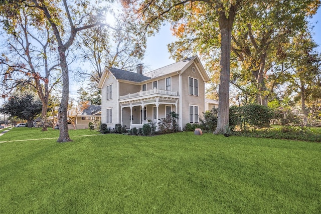 rear view of property featuring a yard and a balcony