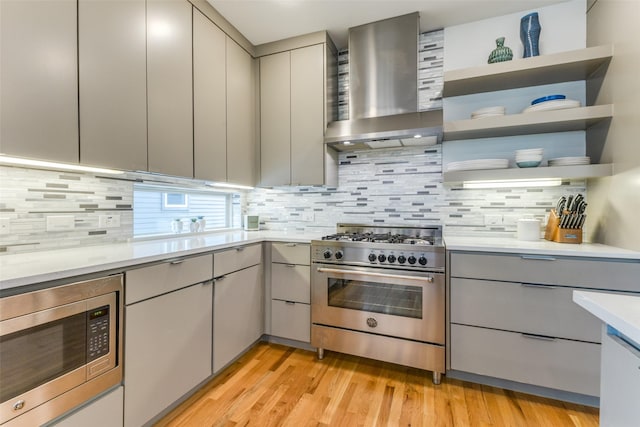 kitchen with gray cabinetry, backsplash, wall chimney range hood, light hardwood / wood-style flooring, and appliances with stainless steel finishes