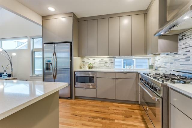 kitchen with wall chimney exhaust hood, stainless steel appliances, light hardwood / wood-style floors, gray cabinets, and decorative backsplash