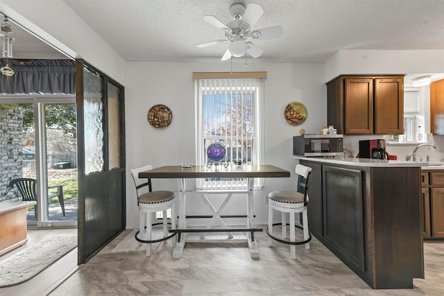 kitchen with ceiling fan, sink, a textured ceiling, and a wealth of natural light