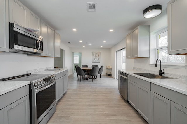 kitchen with gray cabinetry, a wealth of natural light, sink, appliances with stainless steel finishes, and light wood-type flooring