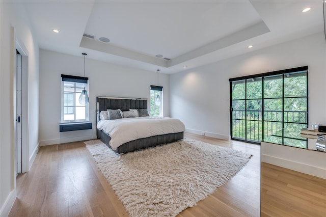 bedroom with light hardwood / wood-style floors and a raised ceiling