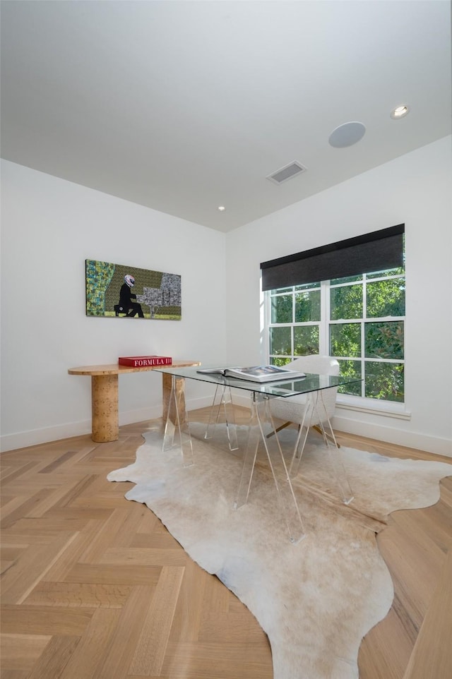 game room with parquet flooring