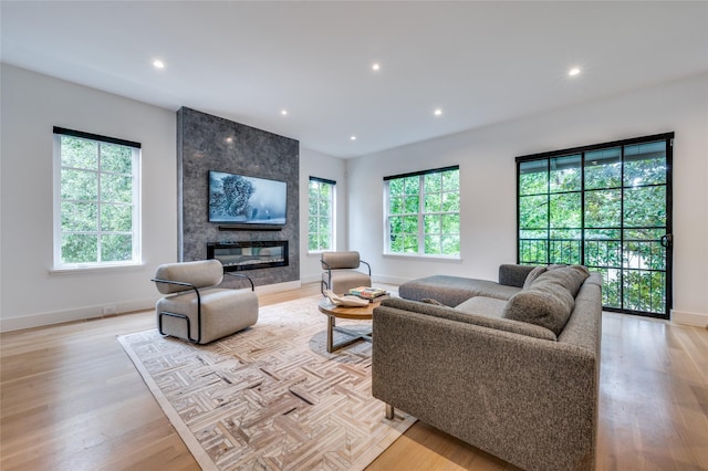 living room featuring a large fireplace and light wood-type flooring