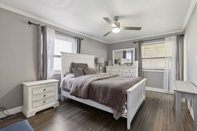 bedroom featuring dark hardwood / wood-style flooring, ornamental molding, and ceiling fan