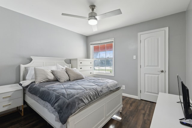 bedroom with dark hardwood / wood-style floors and ceiling fan