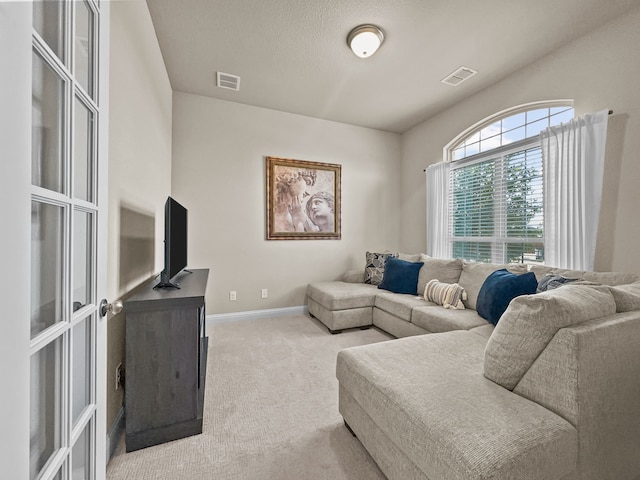 carpeted living room with a textured ceiling