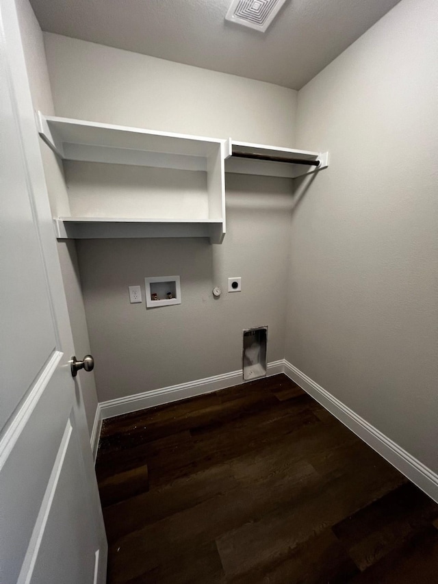 laundry room with electric dryer hookup, hookup for a gas dryer, hookup for a washing machine, and dark wood-type flooring