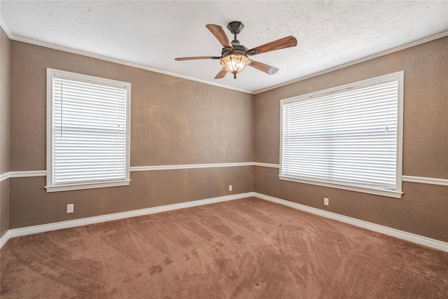 empty room with carpet flooring, baseboards, and crown molding